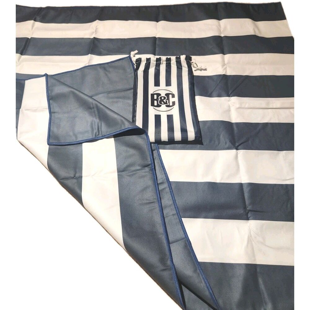 Quick Dry Beach Towel Microfiber Sand Free Cabana Stripe Blue White 36"x78" Bag